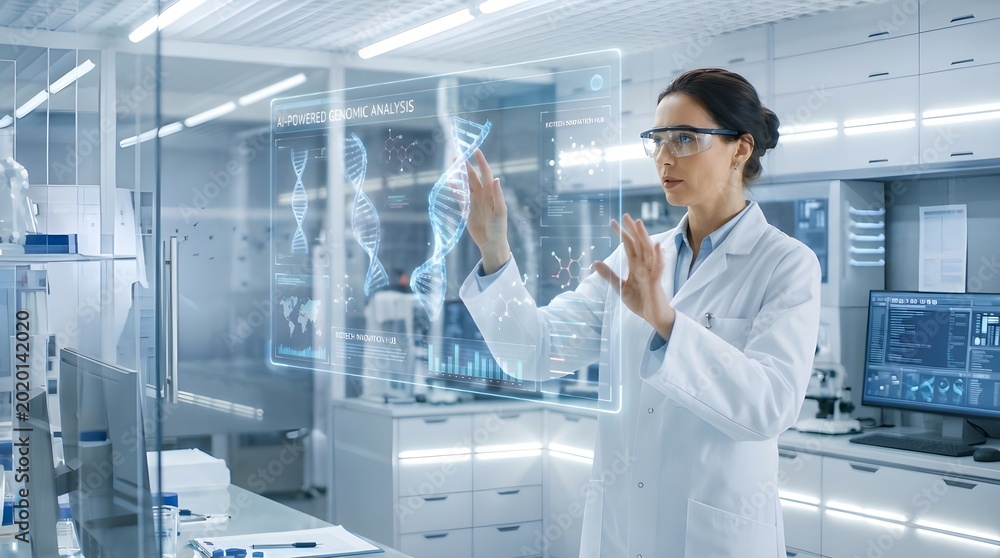 Naklejka premium Female scientist interacting with transparent futuristic laboratory display and AI technology interface.