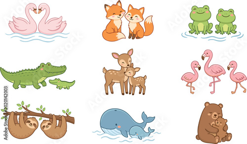 Photography Cute Animal Pairs Set Featuring Flamingos, Foxes, Frogs, Sloths, Deer, and Bears