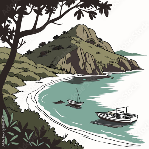 Bild auf Leinwand tropical beach cove illustration with boats and palm trees