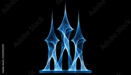 Abstract fractal depicting a glowing blue crystalline structure resembling a futuristic castle or monument against a stark black background, with