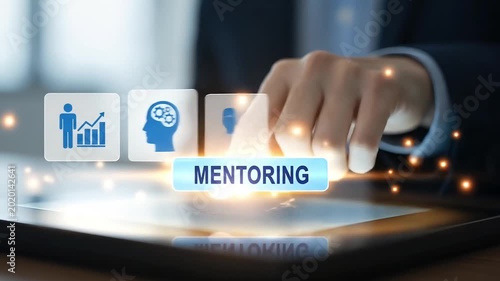 Business interacting with digital interface displaying mentoring and growth chart