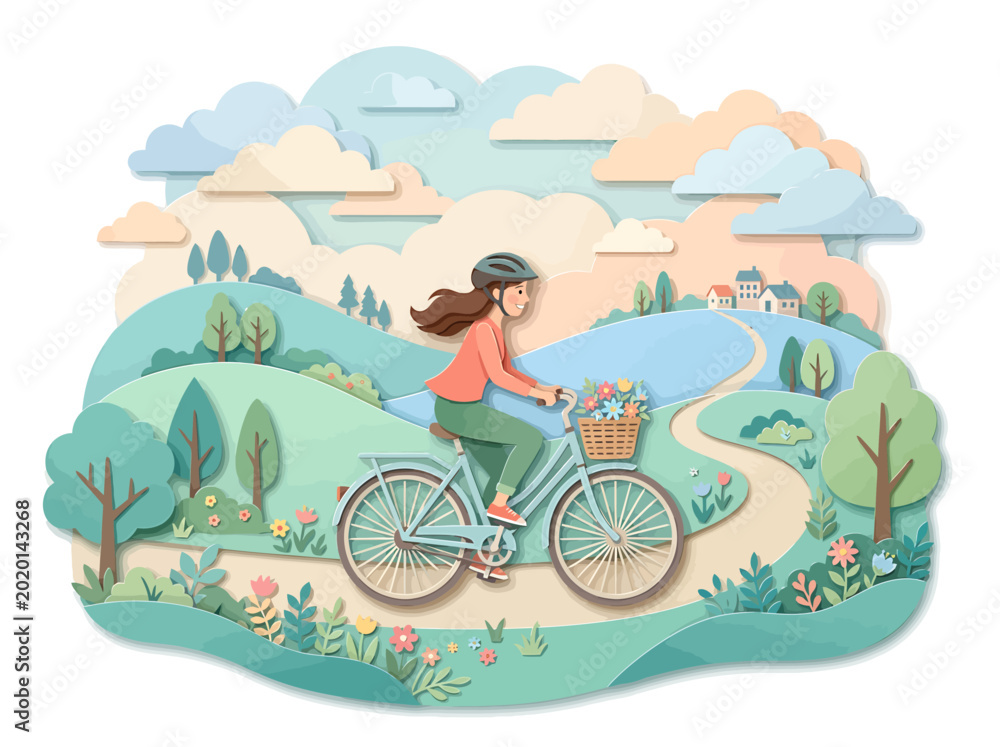 Fototapeta premium Joyful woman cycling through a picturesque landscape with rolling hills and blooming flowers, evoking a sense of freedom and outdoor adventure