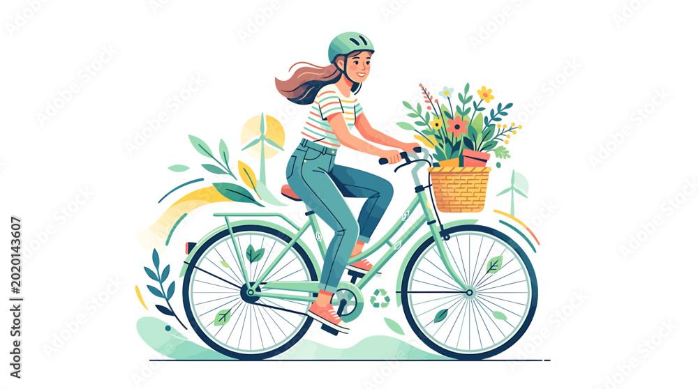 Fototapeta premium Joyful woman cycling through nature with a basket full of vibrant flowers, embodying eco-friendly lifestyle and outdoor recreation