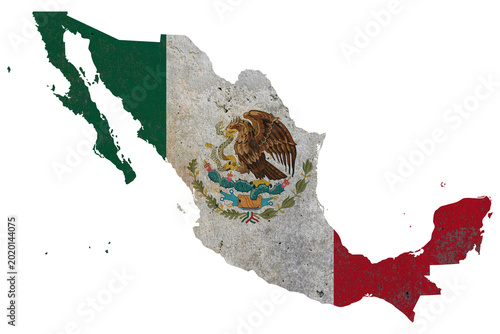 Photography Mexico map with national flag texture and grunge wall effect