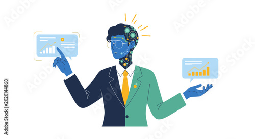 AI business analyst with charts, data analysis, and futuristic technology concept