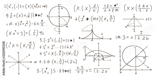 Schilderij op canvas Hand drawn complex mathematical equations formulas and geometric graphs education concept blackboard background vector illustration