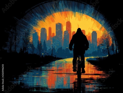 A cyberpunk cyclist navigates glowing neon tunnels, evoking a sense of speed through time and space in this synthwave-inspired scene.