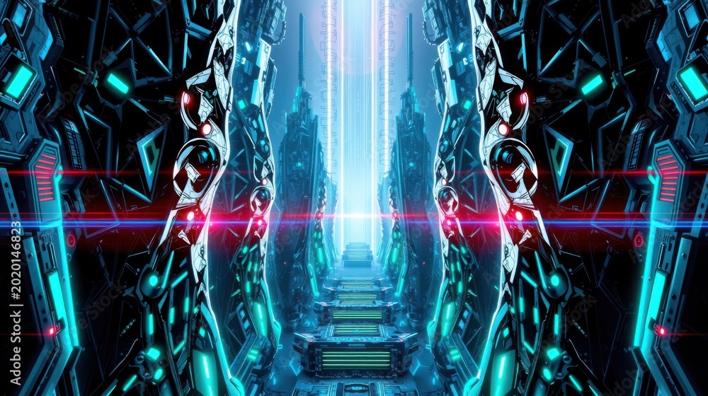 Fototapeta premium Futuristic corridor. Symmetrical design features glowing blue, red lights. Metallic structures create immersive, digital space.