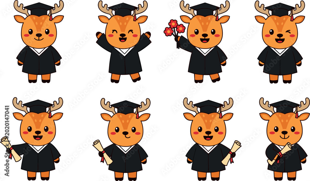Obraz premium Cute Deer Graduation Character Set with Academic Cap Diploma and Celebration Poses for School Education Vector Illustration Collection
