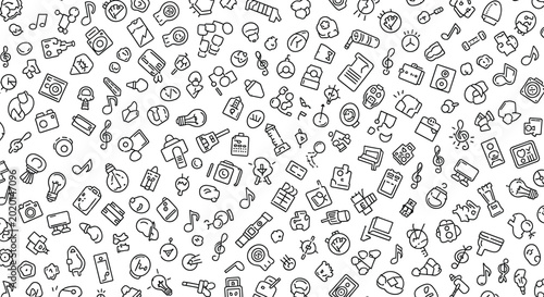 Canvastavla Hand Drawn Music And Technology Doodle Icons Pattern, Audio, Camera And Creative