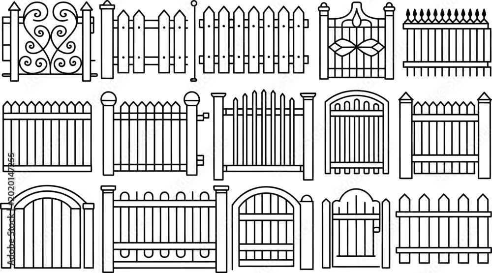 Obraz premium Vector Architectural Fence and Railing Elevation Set Featuring Wrought Iron and Glass Designs