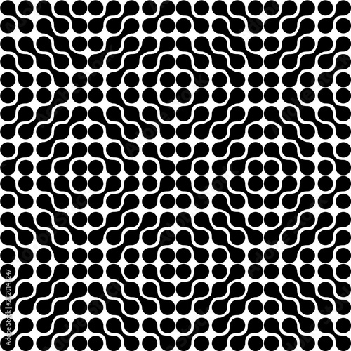 Abstract geometric seamless pattern of black rounded shapes on white background, vector background.