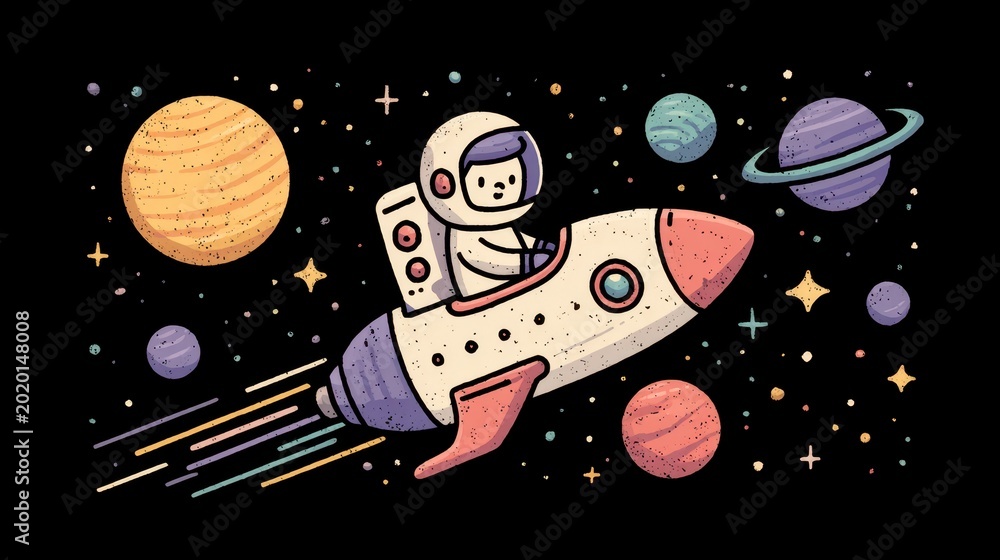 Fototapeta premium A cartoon astronaut piloting a rocket ship through a colorful, star-filled galaxy, surrounded by planets