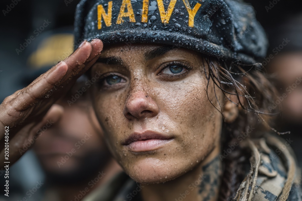 Obraz premium Female navy officer saluting in wet uniform with determination