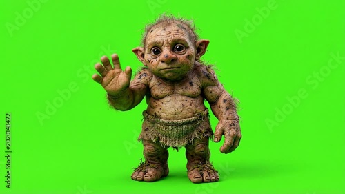 Fantasy Troll Creature Standing on Green Screen Background for Compositing.