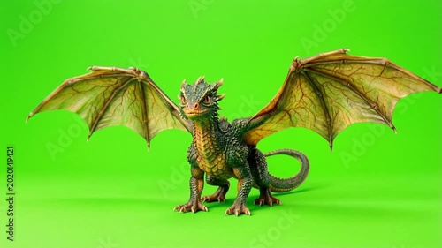 Majestic Dragon Figure on Green Screen - Fantasy Creature Close-Up.