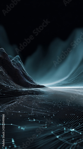 Futuristic digital landscape with glowing data points and abstract waves, representing advanced technology and artificial intelligence. Perfect for innovation and tech concepts