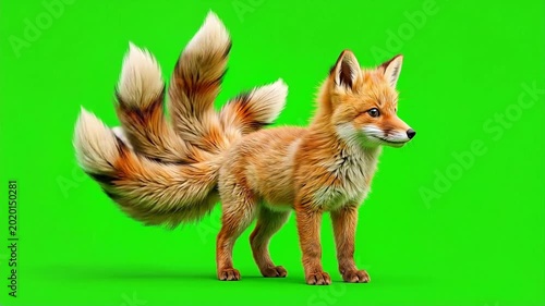 Nine-tailed fox on green screen, mythical creature concept.