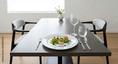 Modern dining table with plate of food and wine glasses on it indoors transparent background