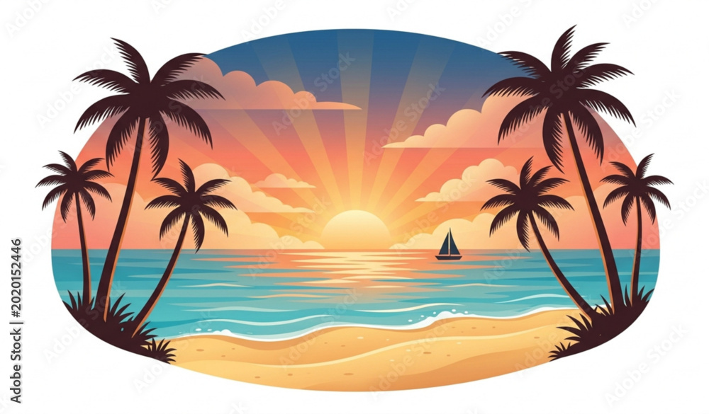 Obraz premium Tropical beach sunset with palm tree silhouettes vector illustration isolated on white background