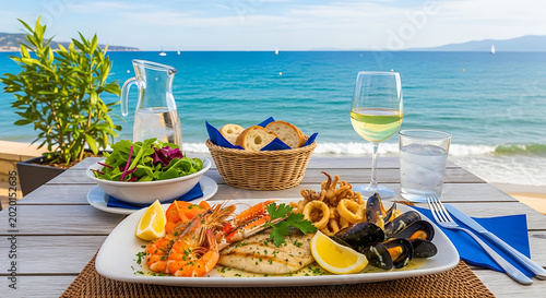 Seafood platter with shrimp mussels and fish on a beachside restaurant table overlooking ocean transparent background