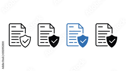 Document icon with shield and check mark for verified legal document or protected contract status vector illustration.