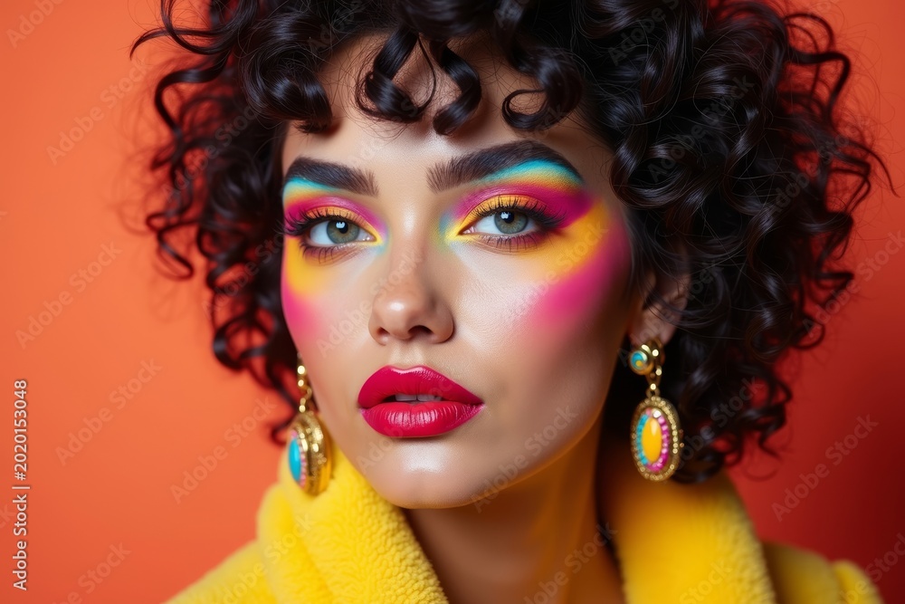 Fototapeta premium Dramatic Close-Up Portraits: Vibrant Makeup and Statement Accessories in High Fashion