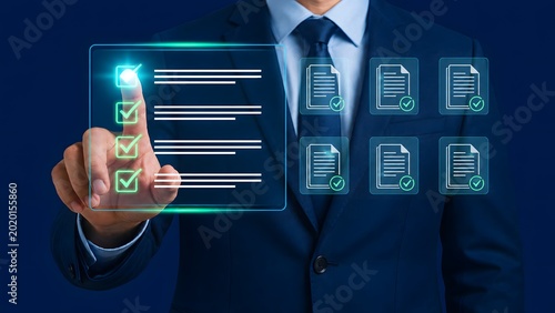 Corporate compliance workflow with digital checklist approved documents and business process automation