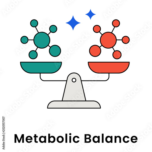 Metabolic Balance icon, Scale with Molecules Concept for Homeostasis and Biochemical Equilibrium, Health and Wellness Symbol for Nutrition and Weight Management icon