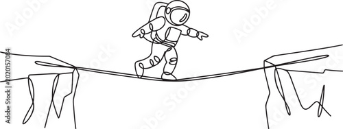 Foto Continuous one line drawing the astronaut walking on tightrope from one cliff to another