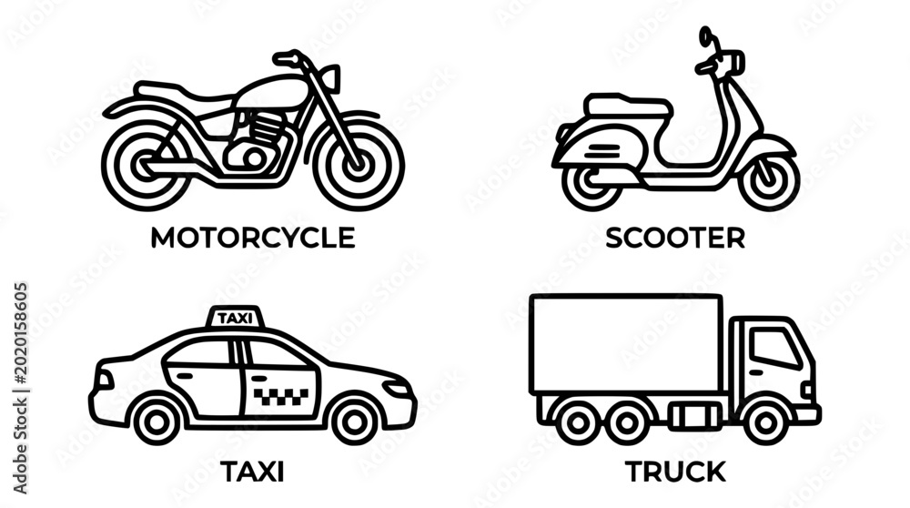 Fototapeta premium Motorcycle, Scooter, Taxi, Truck Icons: Urban Transportation Set