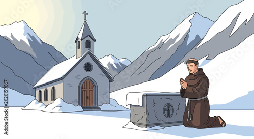 Man in brown robe praying outdoors.