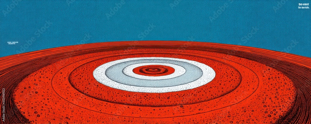 Fototapeta premium Abstract red and blue circular rings over a textured blue sky, creating bold, modern art for posters and designs