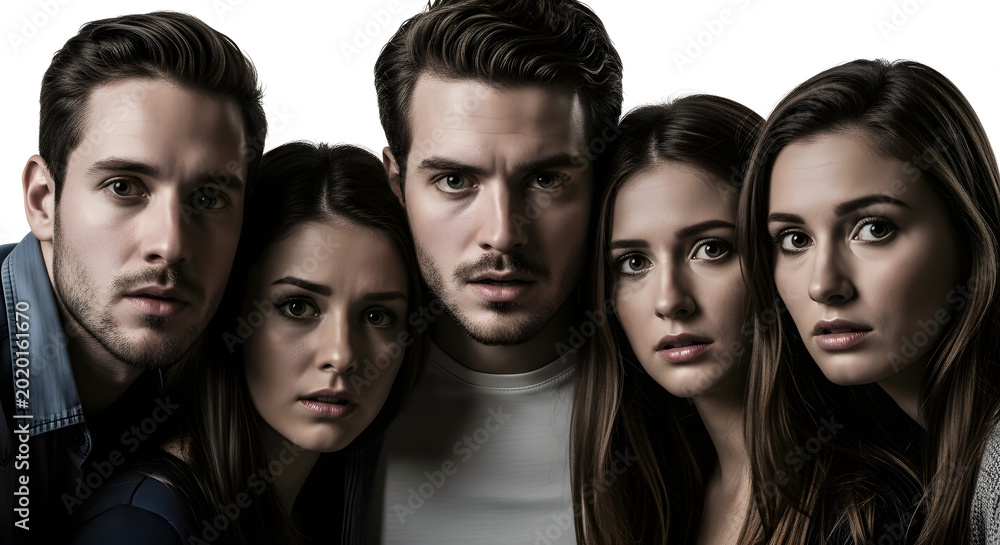 Fototapeta premium A group of five young adults standing together in a close portrait