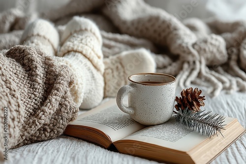 Cozy winter scene with woolen socks  coffee  and an open book