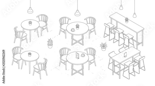 Isometric cafe interior furniture set with tables and bar stools