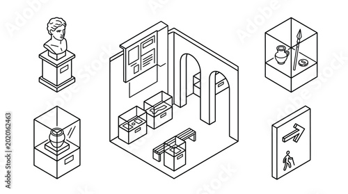 Isometric Museum Exhibition Gallery Interior and Display Case Icons