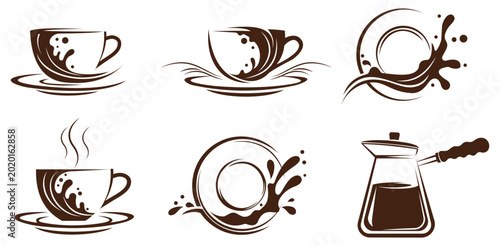 Foto Coffee cup spilling black liquid with steam and ink splash isolated illustration