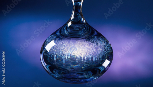 Macro View of a Crystal Clear Glass Droplet Containing a Bioluminescent Forest Ecosystem Symbolizing Environmental Preservation, Biotechnology, Water Purity, and Microscopic Natural Wonders.