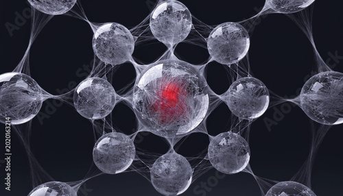 Intricate Network of Interconnected Glass Spheres with a Radiant Crimson Center Symbolizing Artificial Intelligence, Neural Connections, Blockchain Technology, and Complex Biological Systems