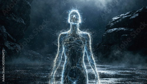 Ethereal Human Silhouette Composed of Fine Light Filaments in a Dark Misty Landscape Representing Loneliness, the Human Condition, and the Fragile Spark of Life