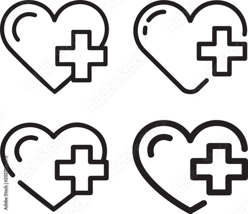 Heart Shapes with Medical Cross Symbol Vector Icon Set for Healthcare Hospital and Emergency Design
