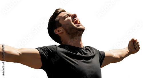 A man with outstretched arms and a joyful expression against a white background