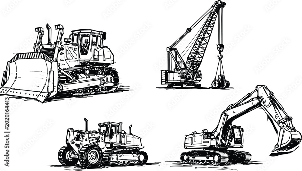 Αυτοκόλλητο Heavy construction machinery collection drawn in a vintage sketch style for indu
