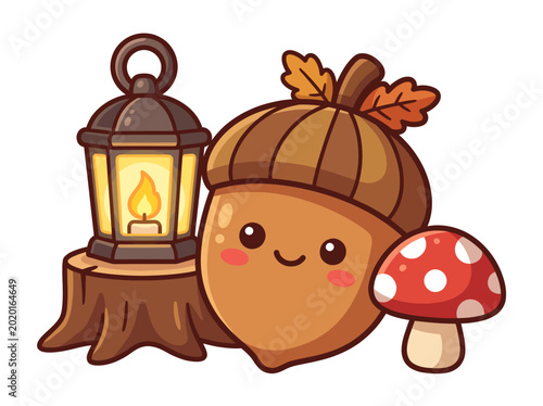 Photos A whimsical scene featuring a smiling acorn beside a glowing lantern and a red-spotted mushroom, capturing the essence of nature's charm and playfulness in a delightful style