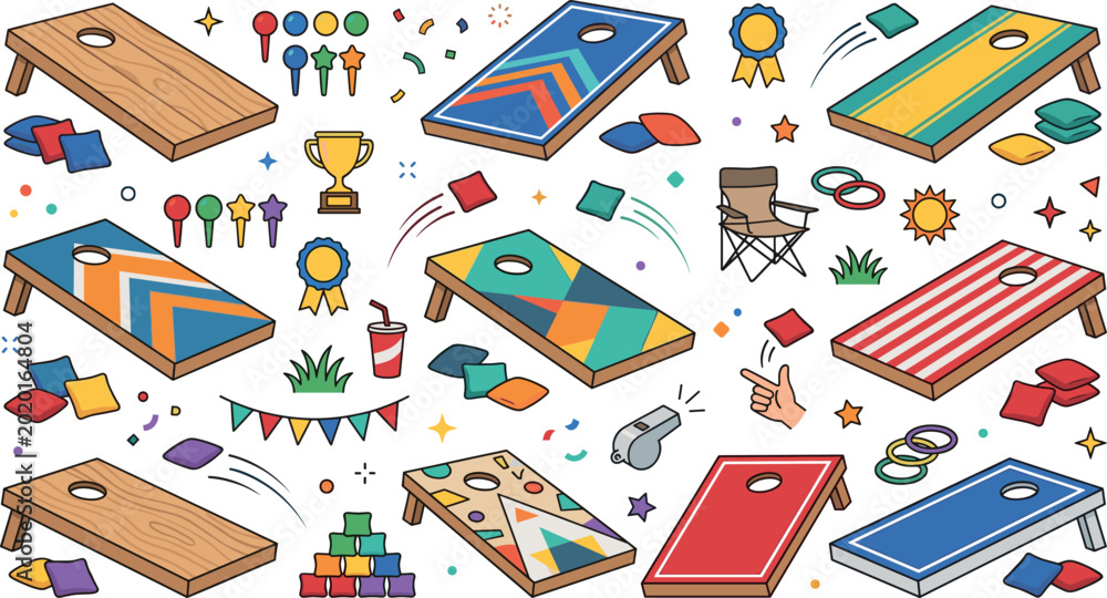 © Lunavera art - Colorful Cornhole Game Set with Bean Bags Boards Trophies Rings Whistle and Outdoor Party Elements Illustration Collection