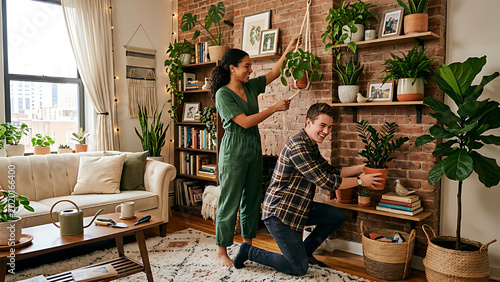 A couple decorating their apartment with plants and home accessories together.