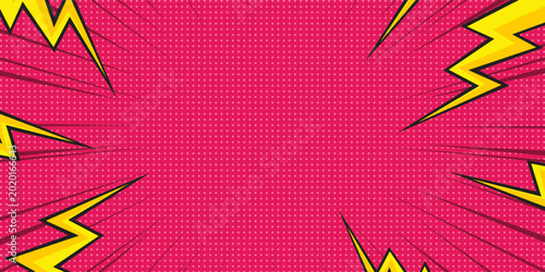 Pink Pop Art Comic Background with Yellow Lightning Bolts and Halftone Dots; Dynamic Action Superhero Style Backdrop for Creative Graphic Design, Flash Sale Banners, and Modern Social Media Posters.