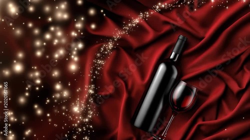 Red wine bottle and glass on draped luxury fabric with glowing sparkles. Festive beverage presentation for celebration. Elegant decoration for holiday occasion.