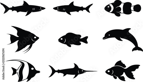Fotografie Tropical fish silhouette set featuring shark dolphin goldfish and clownfish vector illustration isolated on a white background